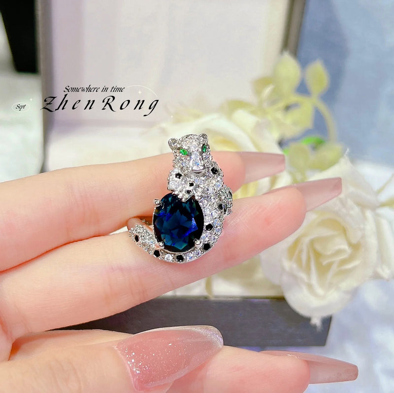 Leopard Jewelry Set 925 Silver CZ Stone Vintage Animal Jewelry