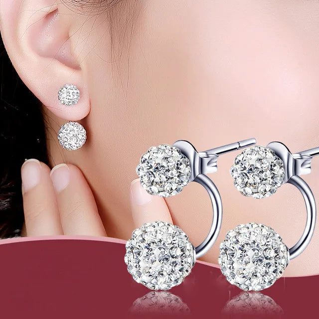 925 Silver Rhinestone Crystal Ball Stud Earrings Princess Style Jewelry