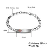 Engraved Medical Alert ID Bracelet Stainless Steel Chain Link