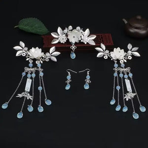 Metal Leaf Flowers Tassel Hairpin Earring Set Chinese Hanfu Headdress