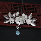 Metal Leaf Flowers Tassel Hairpin Earring Set Chinese Hanfu Headdress