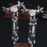 Metal Leaf Flowers Tassel Hairpin Earring Set Chinese Hanfu Headdress