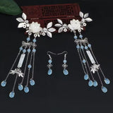 Metal Leaf Flowers Tassel Hairpin Earring Set Chinese Hanfu Headdress