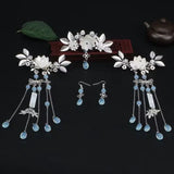 Metal Leaf Flowers Tassel Hairpin Earring Set Chinese Hanfu Headdress