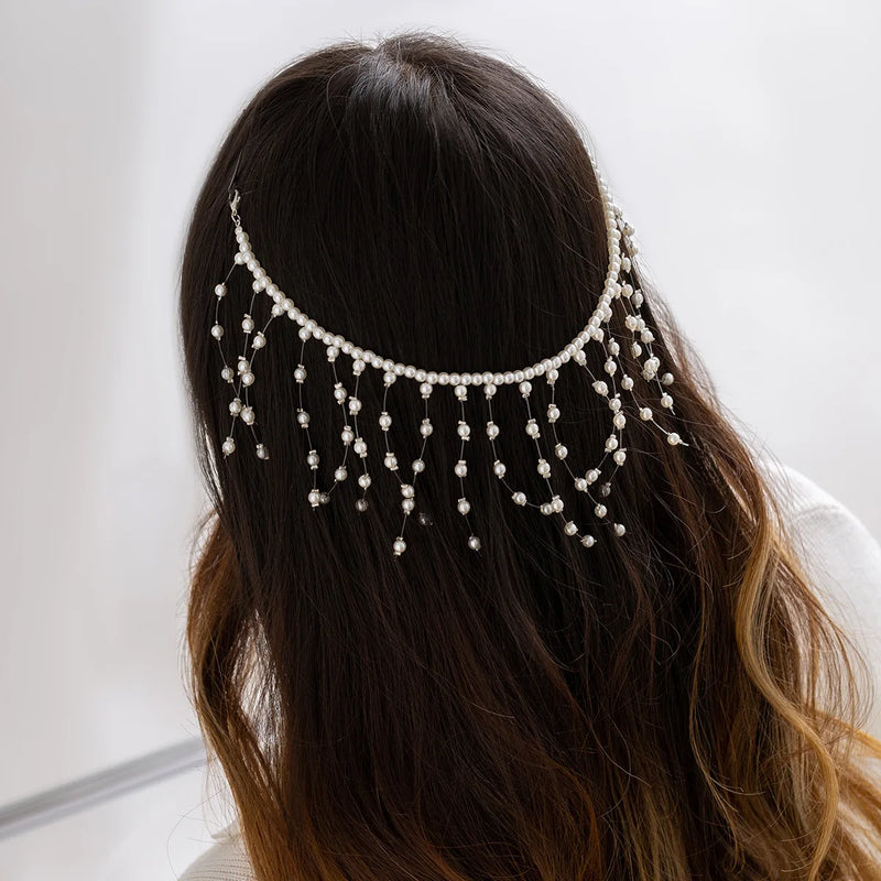 Pearl Headwear Crystal Tassel Hair Ornaments Multi-layer Chain Jewelry