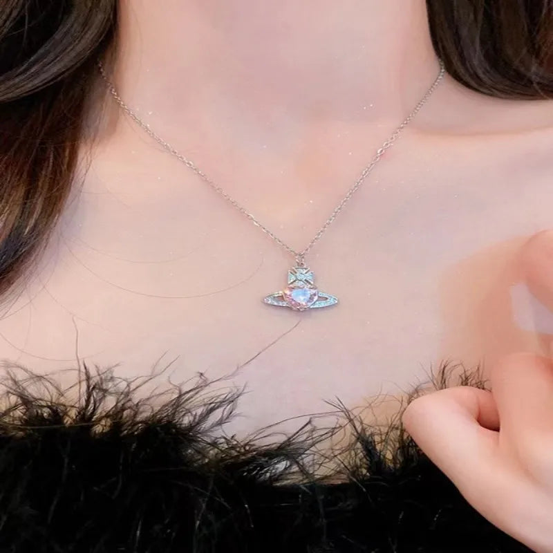 Women's Saturn Necklace Light Temperament Collar Chain Jewelry