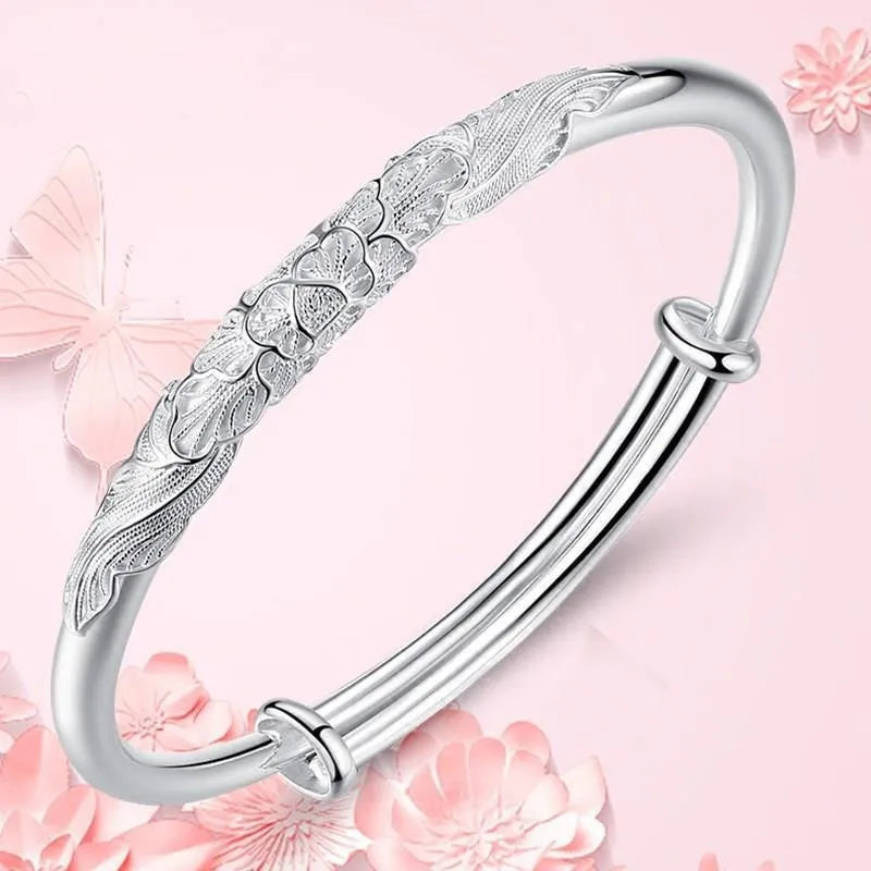 Women's Silver Bracelet, Japanese Peony Adjustable Gift