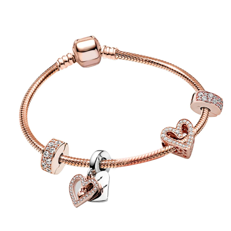 Women's 925 Silver Two-Tone Rose Heart Bracelet Set