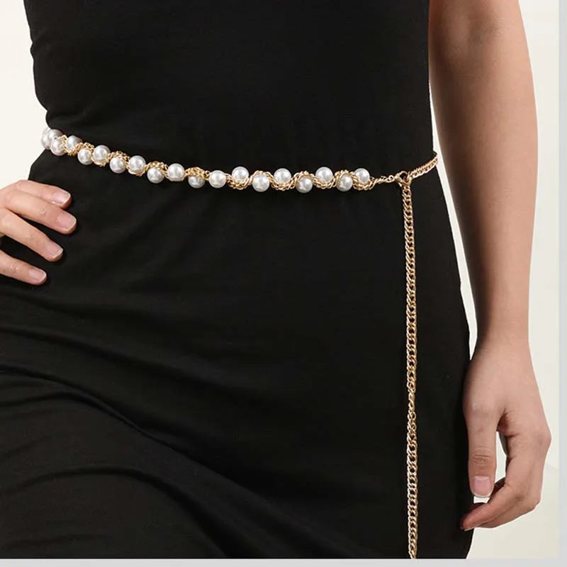 Women's Pearl Waist Chain Thin Belt Fringes Decoration