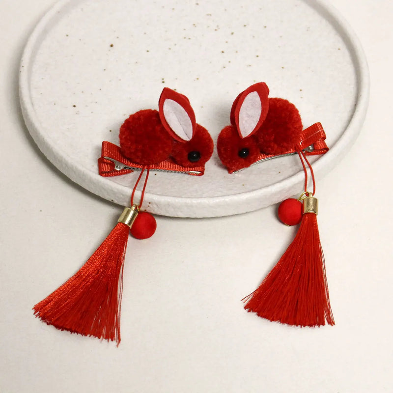 Women's Plush Rabbit Hair Ornaments Red Hair Clip Tassel Pendant Headwear
