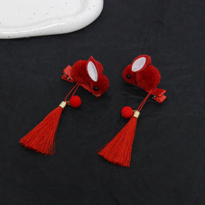 Women's Plush Rabbit Hair Ornaments Red Hair Clip Tassel Pendant Headwear