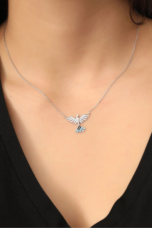 Rhodium Plated Turquoise Zircon Phoenix Necklace