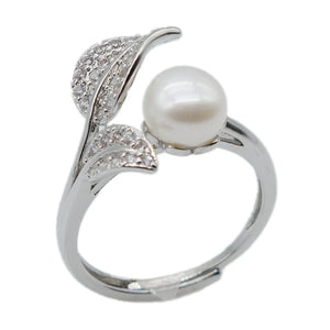 Freshwater Pearl Zirconia Silver Leaf Adjustable Ring