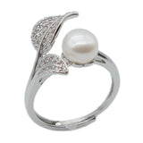 Freshwater Pearl Zirconia Silver Leaf Adjustable Ring
