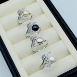 Freshwater Pearl Zirconia Silver Leaf Adjustable Ring