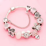 S925 Minnie Mickey Pink Glass Bead Bracelet Set