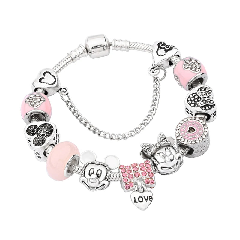 S925 Minnie Mickey Pink Glass Bead Bracelet Set