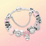S925 Minnie Mickey Pink Glass Bead Bracelet Set