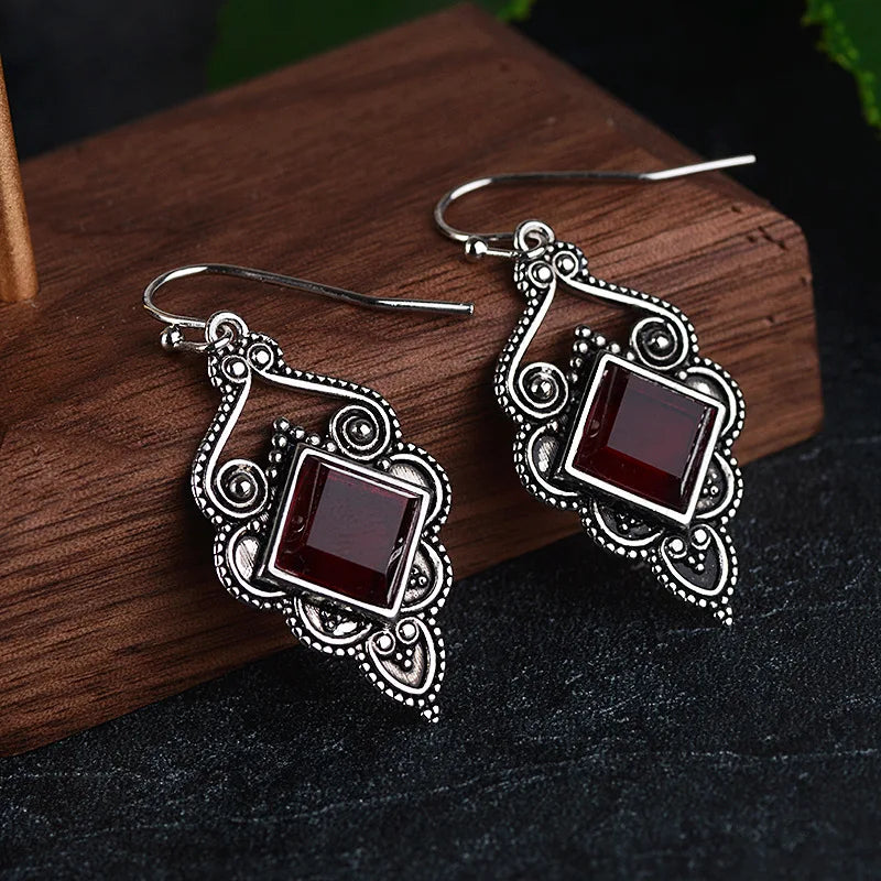 Vintage Thai Silver Ruby Zircon Earrings Gift Jewelry