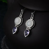 Vintage Thai Silver Moonstone Earrings Water Drop Shape Amethys