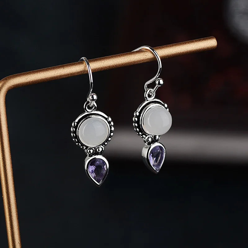 Vintage Thai Silver Moonstone Earrings Water Drop Shape Amethys