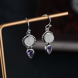Vintage Thai Silver Moonstone Earrings Water Drop Shape Amethys
