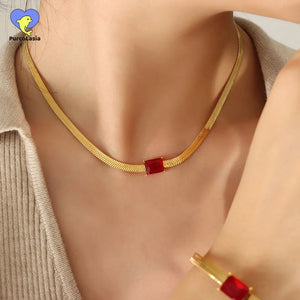 Colorful Zircon Necklace Bracelet Set Stainless Steel Snake Chain