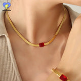 Colorful Zircon Necklace Bracelet Set Stainless Steel Snake Chain
