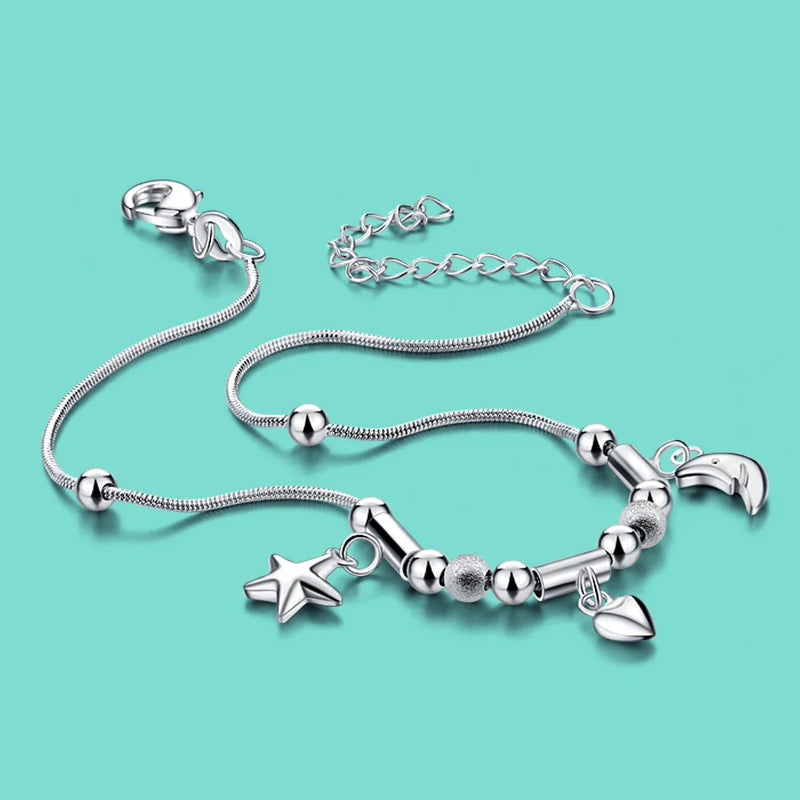 Silver Moon & Star Pendant Anklet 925 Silver Beach Jewelry