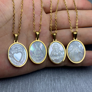 Women's Mother of Pearl Religious Necklace Oval Shell Pendant