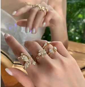 Women's Sterling Stackable Ring Butterfly Flowers Zircon Wedding Rings Set