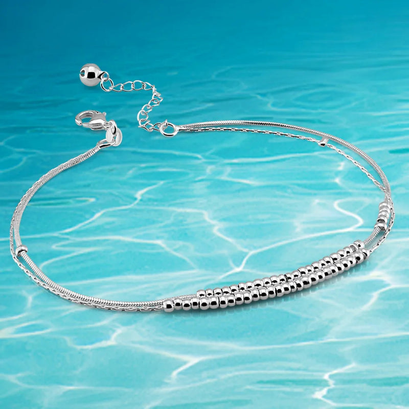 Women's Summer 925 Silver Double Bead Anklet Beach Party Jewelry
