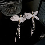 Summer Lace Bow Pearl Tassel Earrings Women Jewelry