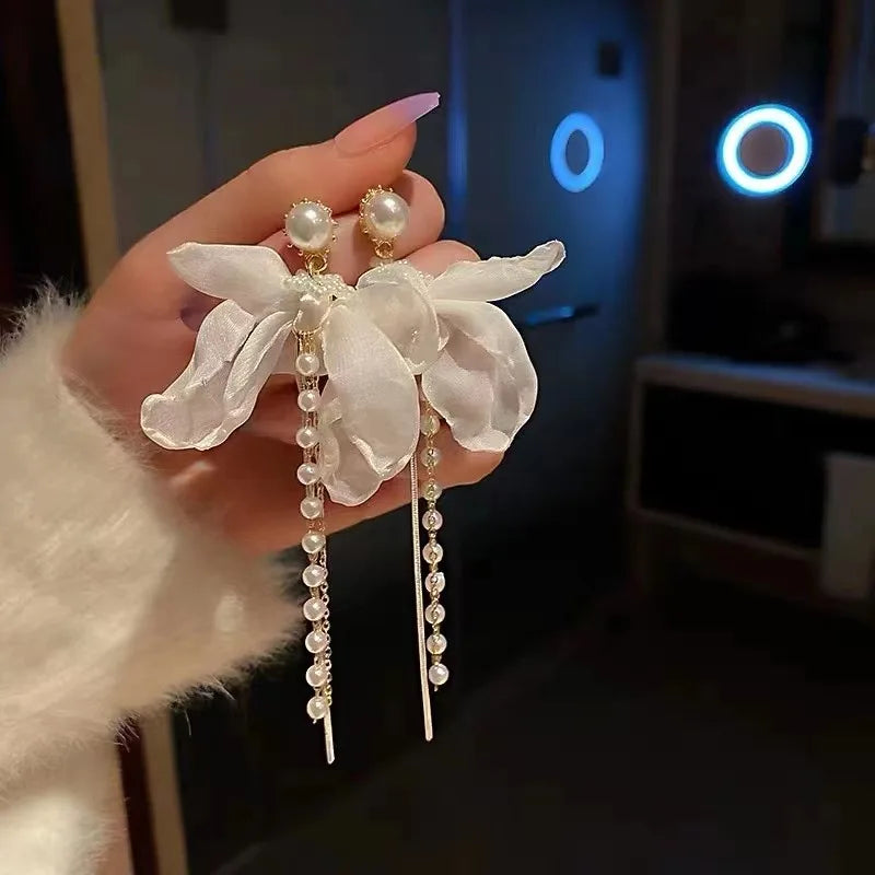 Summer Lace Bow Pearl Tassel Earrings Women Jewelry