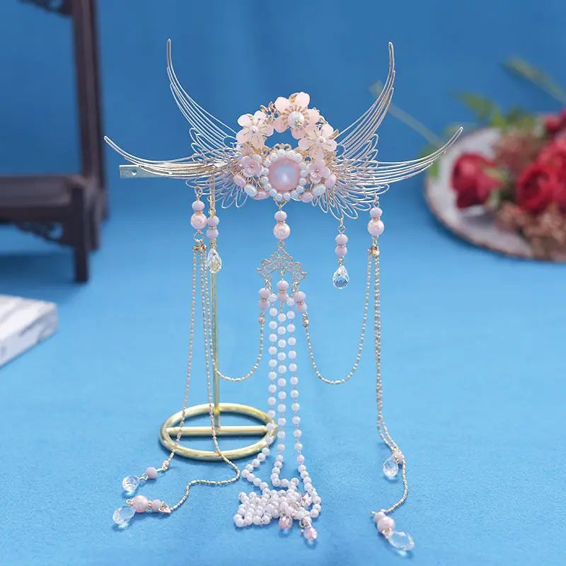 Floral Tassel Wings Hair Crown for Hanfu