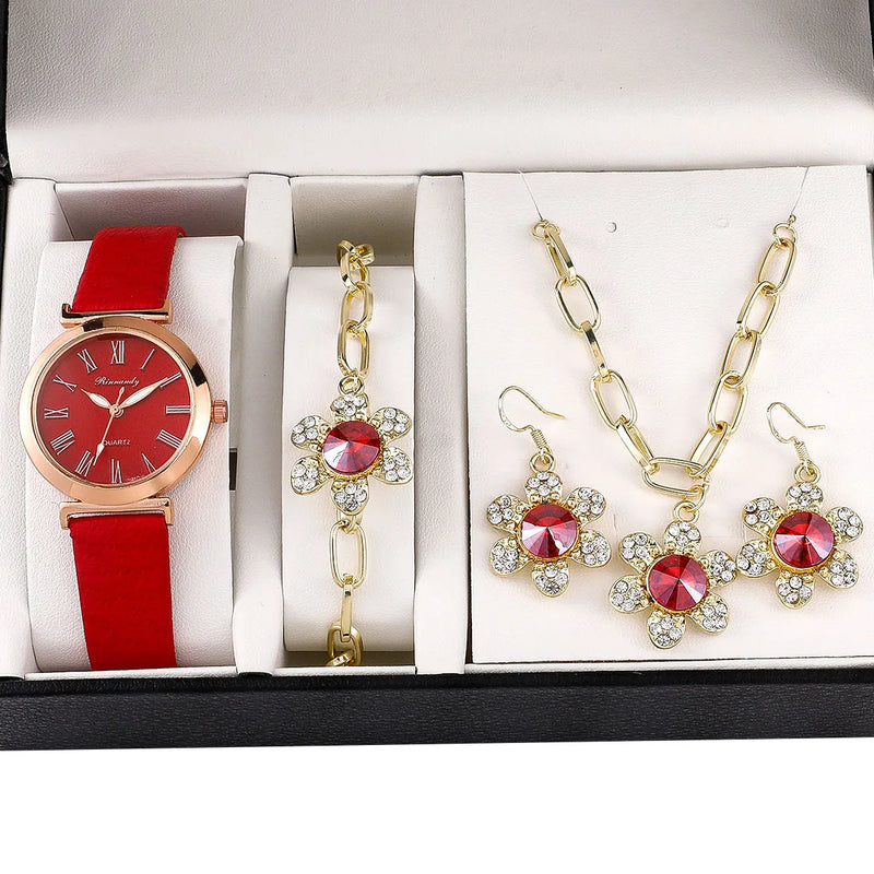 Women's Watch+Necklace+Ring+Earrings Set Female's Gift Mother's PU Strap Quartz