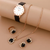 Women's Watch+Necklace+Ring+Earrings Set Female's Gift Mother's PU Strap Quartz