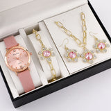 Women's Watch+Necklace+Ring+Earrings Set Female's Gift Mother's PU Strap Quartz