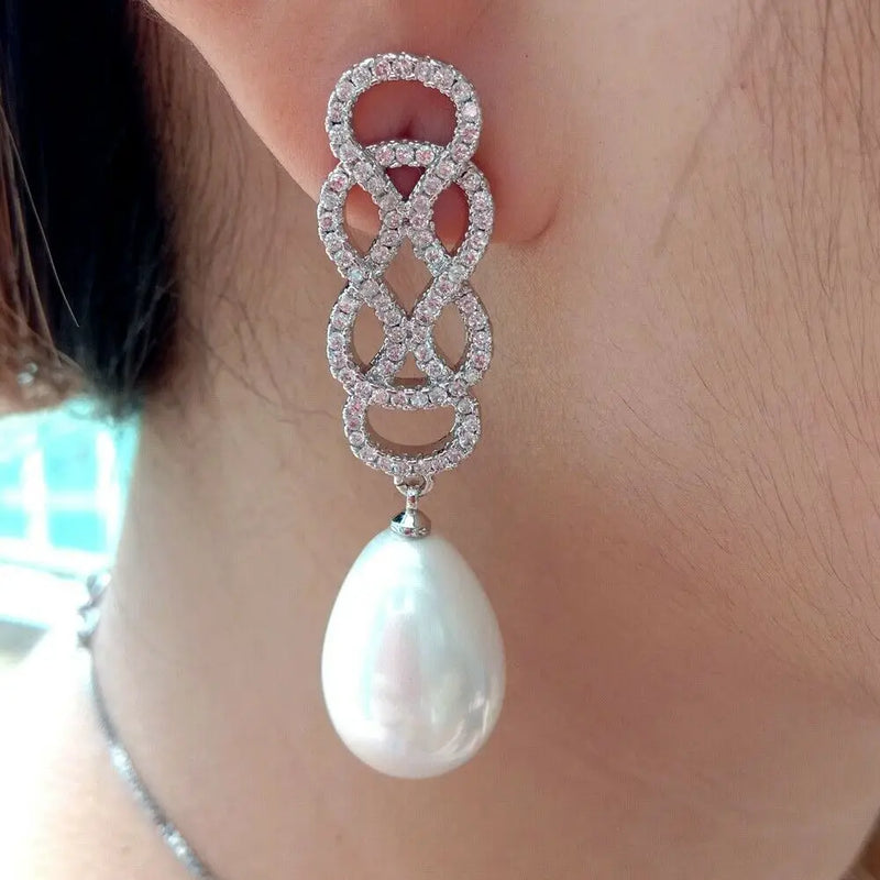 Teardrop Shell Pearl Silver Cz Earrings