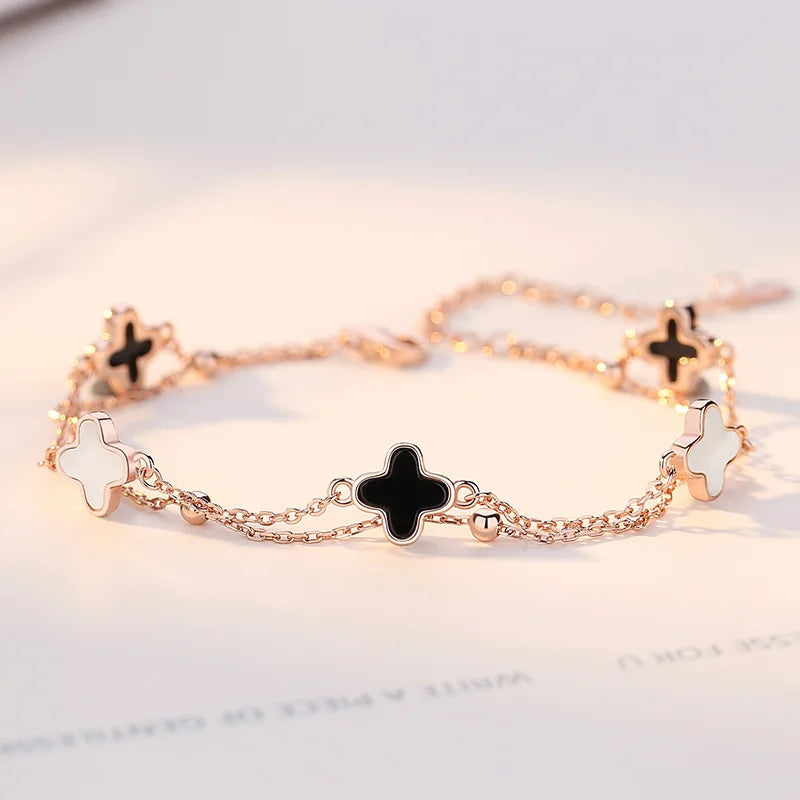 925 Sterling Silver Four Leaf Clover Rose Bracelet