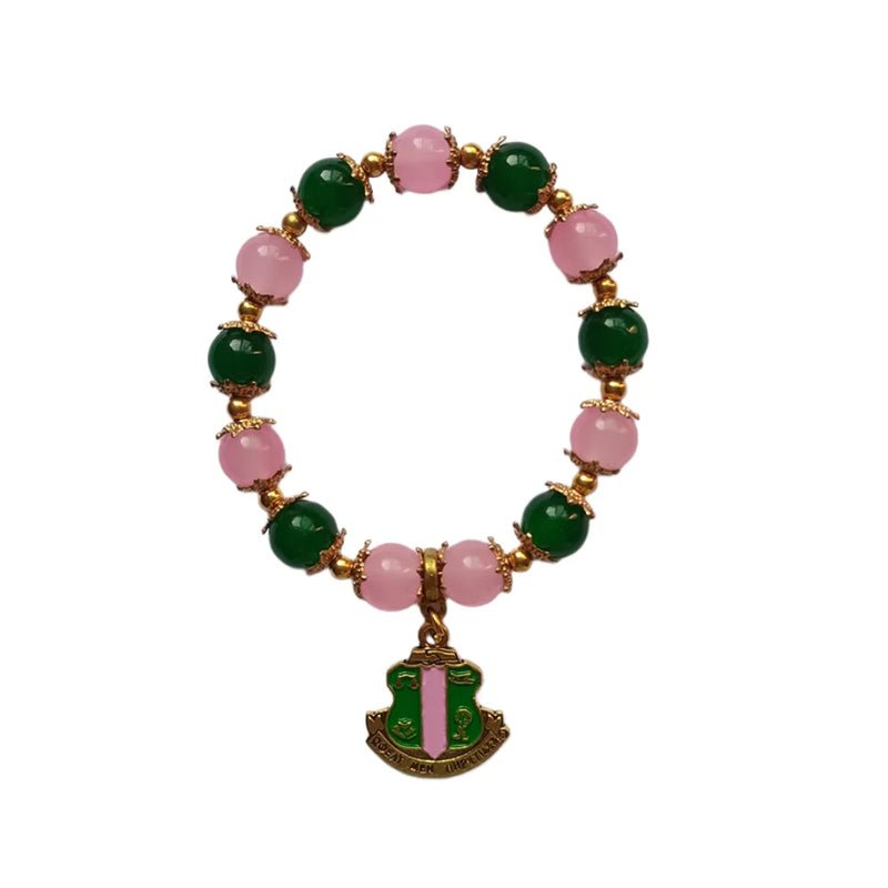 Charm Bracelet with Pink Green Glass Beads Stretch