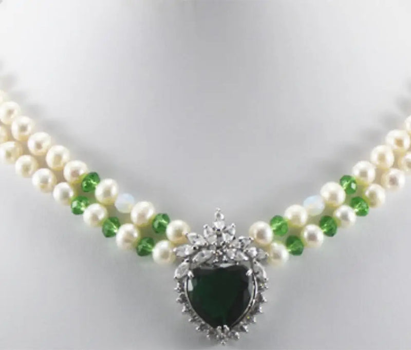 Freshwater Pearl & Dark Green Zircon Heart Pendant Necklace