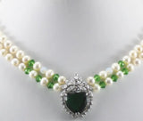 Freshwater Pearl & Dark Green Zircon Heart Pendant Necklace