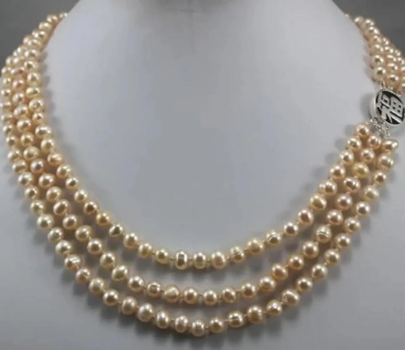 Pink Pearl Button Necklace 6-7mm 3 Rows