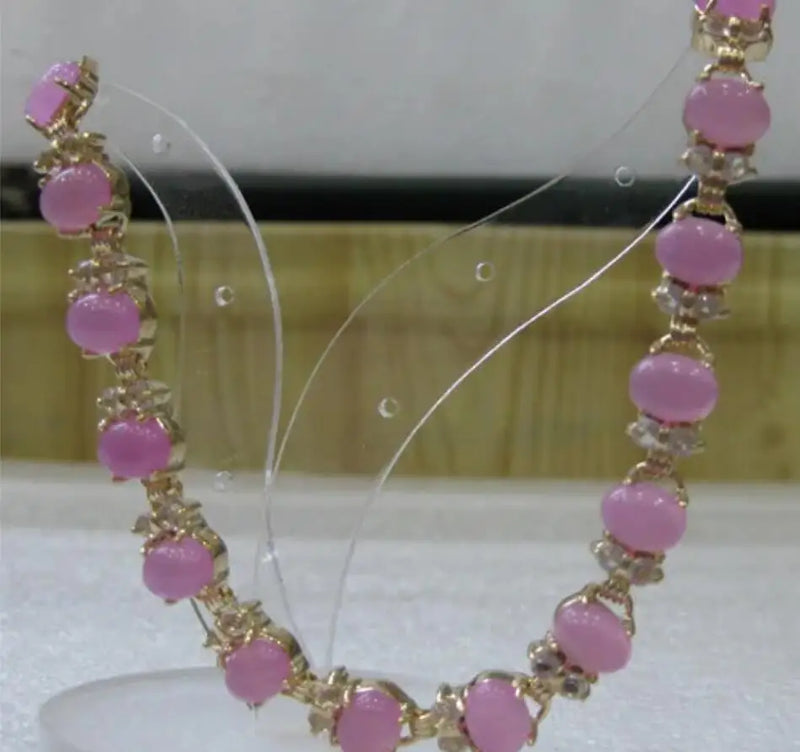 Pink Jade Egg Shaped Bracelet with Gold Plating