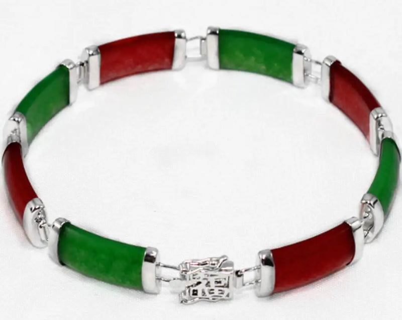 Women's Silver Plated Lucky Words Bracelet with Ruby and Green Malay Jade
