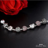 Women's Engraved Heart Love Charm Bracelet with Rose Flower Pendant