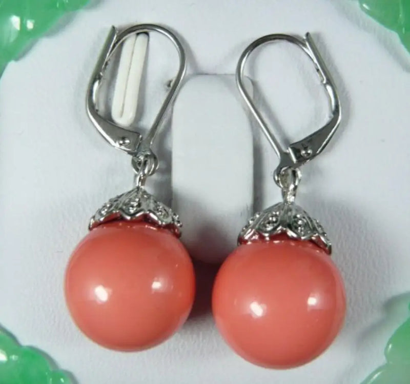 Retro Coral Pink Shell Pearl Silver Plated Earrings