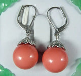 Retro Coral Pink Shell Pearl Silver Plated Earrings