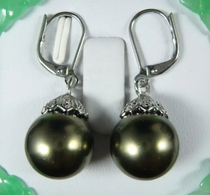 Dark Green Shell Pearl Silver Plated Earrings